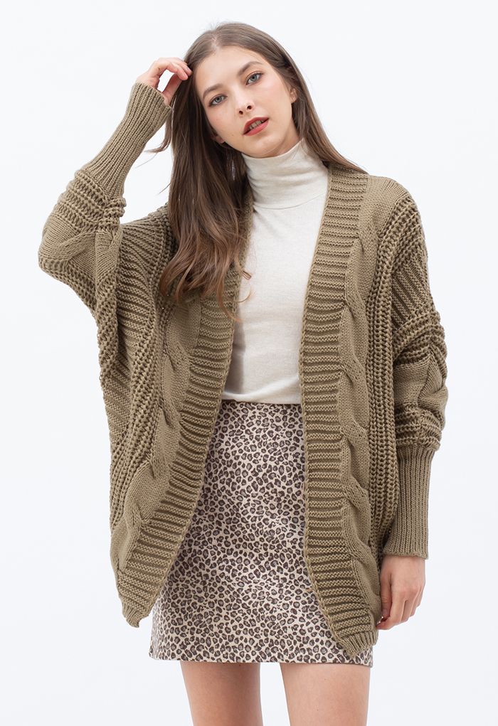 Open Front Batwing Sleeve Cable Knit Cardigan in Tan - Retro, Indie and ...
