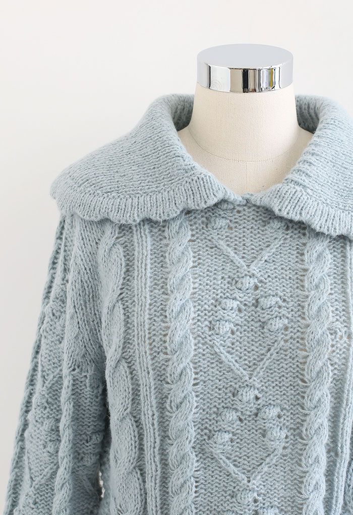 Trendy Collared Cable Knit Crop Sweater in Blue