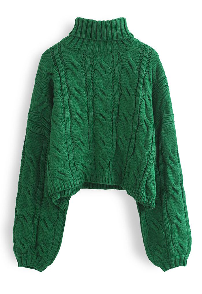 Turtleneck Braid Knit Crop Sweater in Green - Retro, Indie and Unique ...