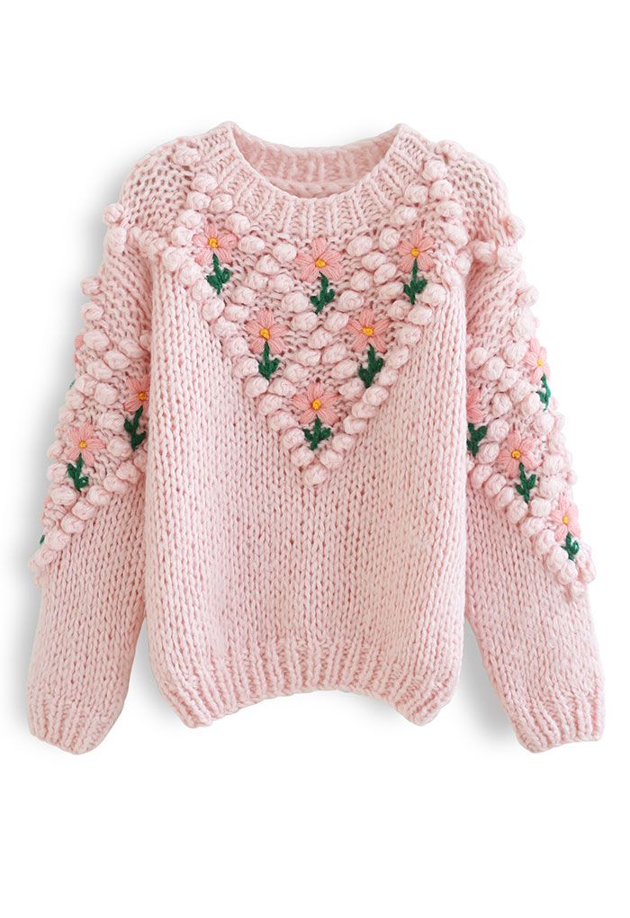 Stitch Flowers Hand-Knit Chunky Cardigan in Pink - Retro, Indie and Unique  Fashion