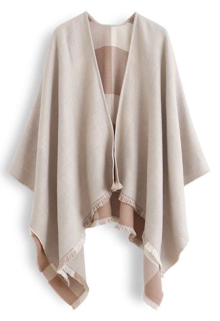 Single-Sided Check Print Reversible Poncho in Taupe - Retro, Indie and ...