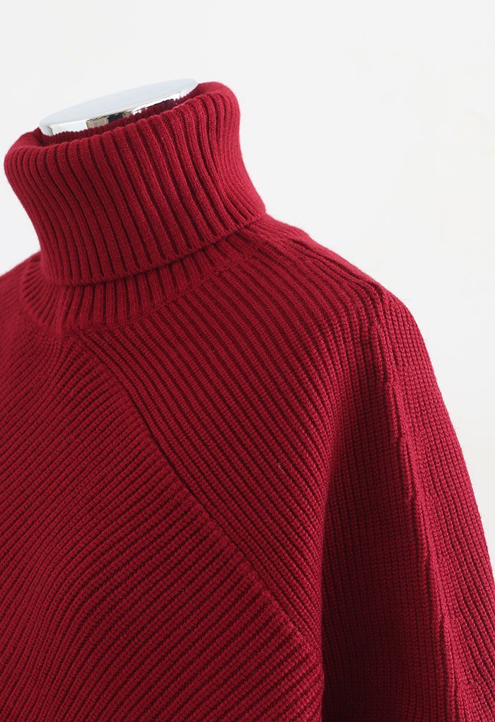 Turtleneck Batwing Sleeve Asymmetric Knit Sweater in Burgundy - Retro ...