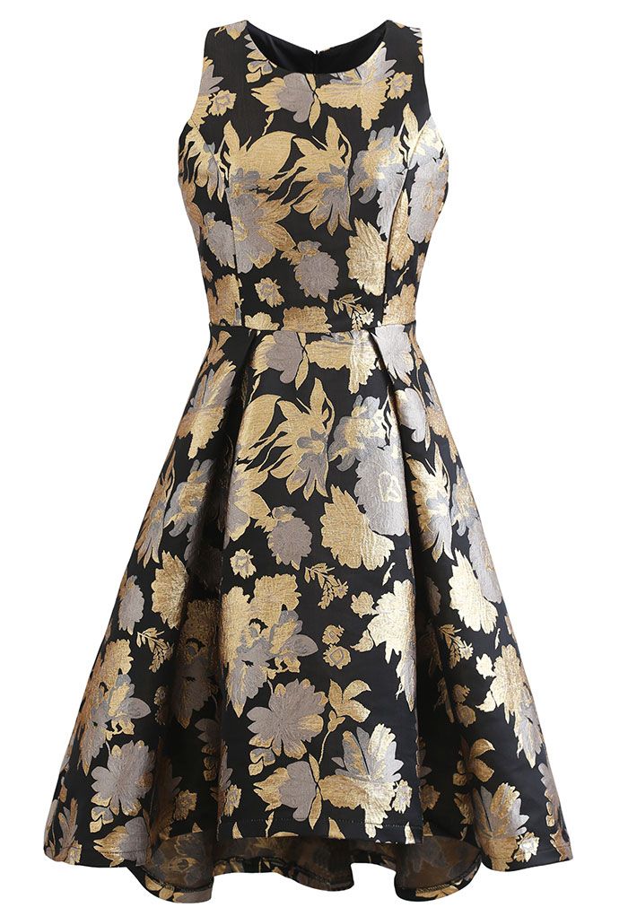Golden Bouquets Jacquard Waterfall Sleeveless Dress - Retro, Indie and ...