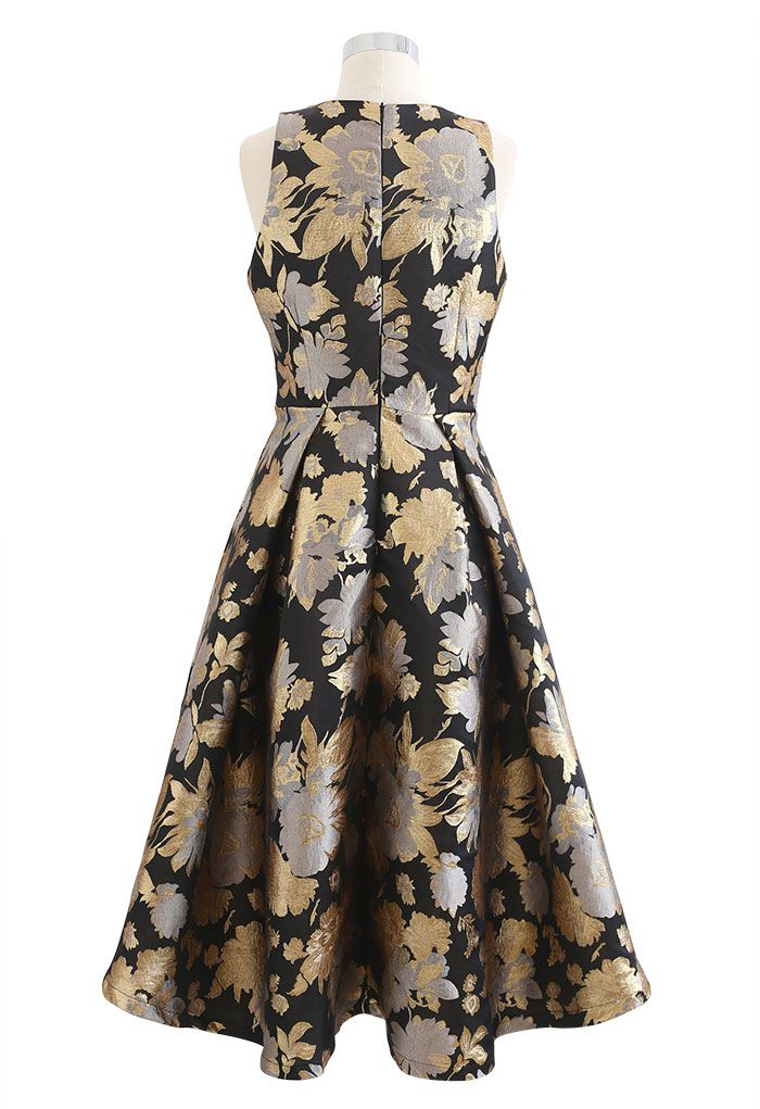Golden Bouquets Jacquard Waterfall Sleeveless Dress - Retro, Indie and ...
