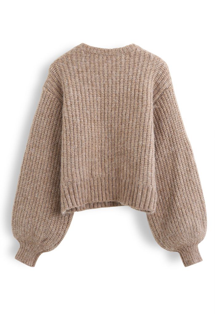 Fuzzy Pom-Pom Ribbed Mix-Knit Sweater in Brown - Retro, Indie and ...