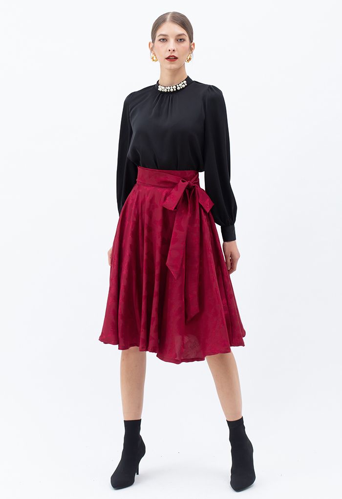 Jacquard Butterfly Bowknot Flare Midi Skirt in Red - Retro, Indie and ...