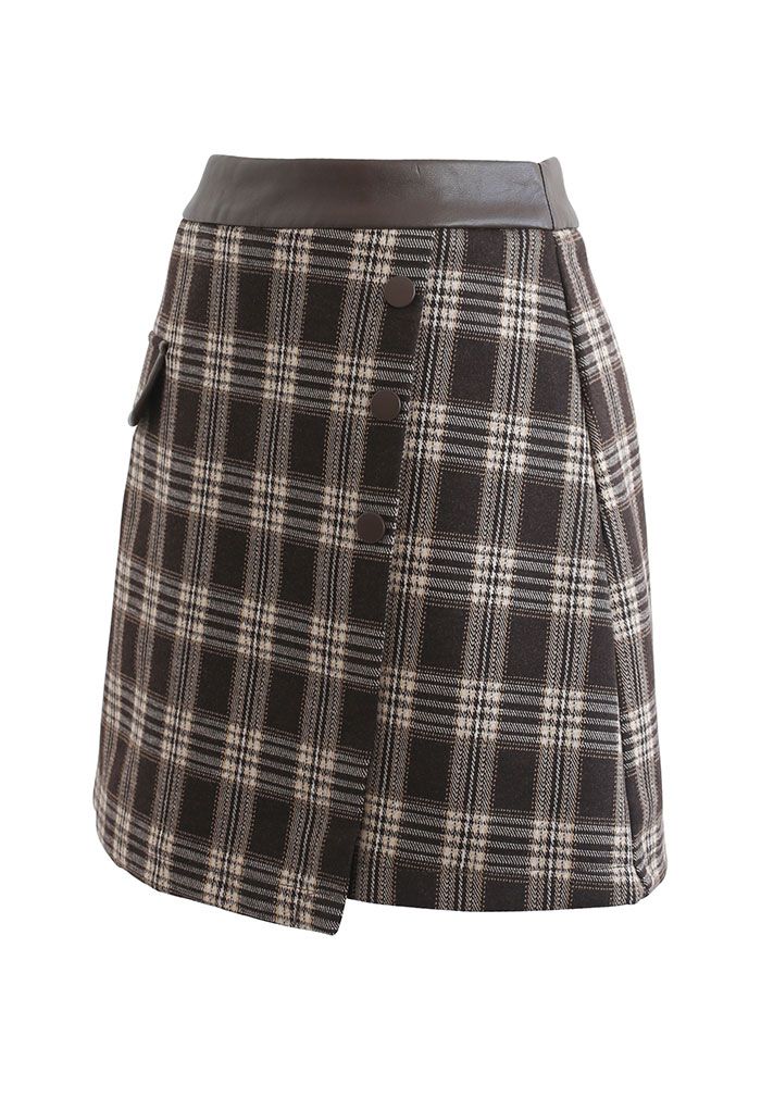 PU Leather Waist Plaid Wool-Blend Mini Skirt - Retro, Indie and Unique ...
