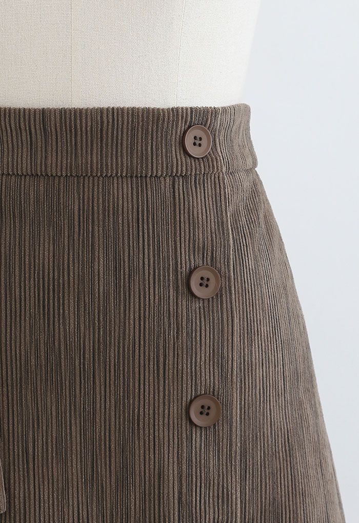 Button Decorated Corduroy Mini Bud Skirt in Brown - Retro, Indie and ...