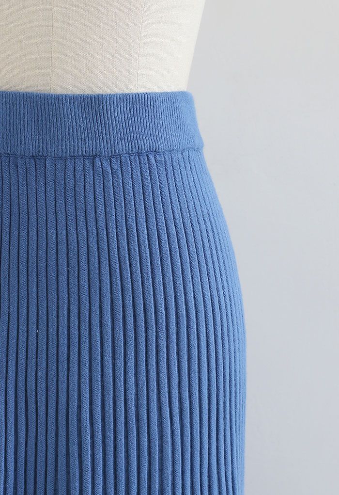 Side Vent High Waist Knit Skirt in Blue - Retro, Indie and Unique Fashion