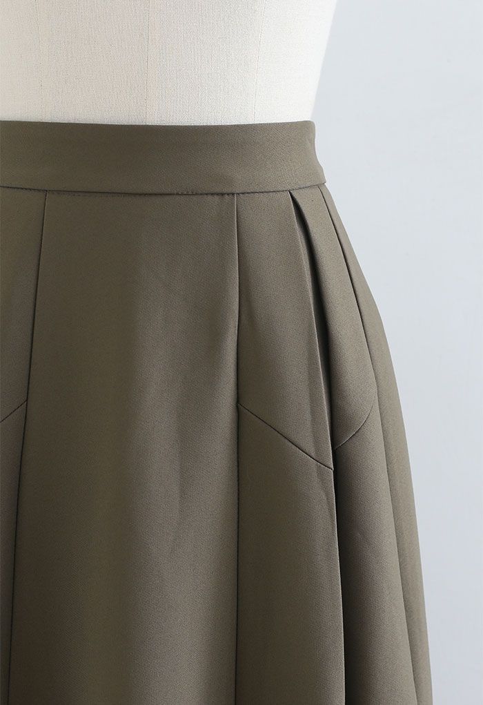 Functional A-Line Pleated Midi Skirt in Khaki - Retro, Indie and Unique ...