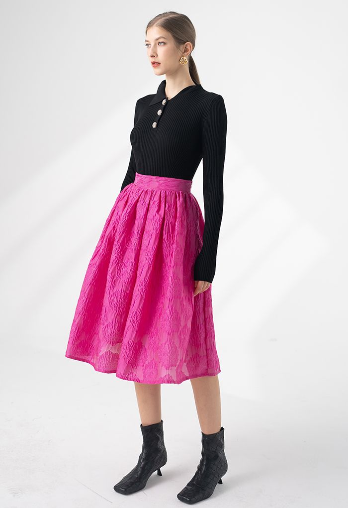 Ebullient Pink Embossed Floral Midi Skirt - Retro, Indie and Unique Fashion