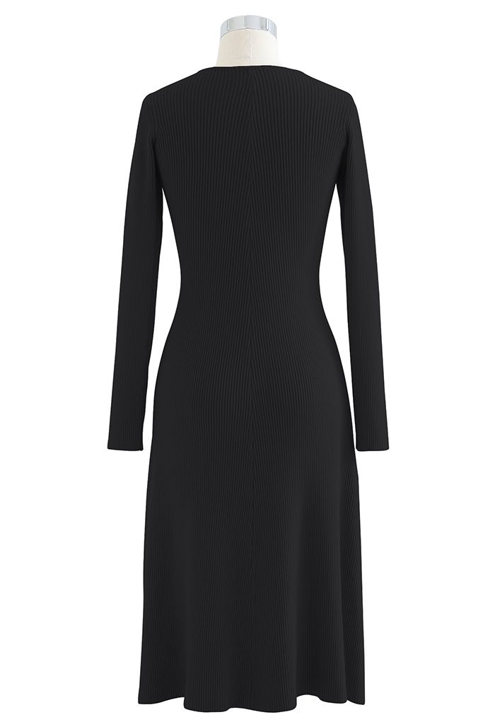 Cross Wrap Cutout Rib Knit Midi Dress in Black