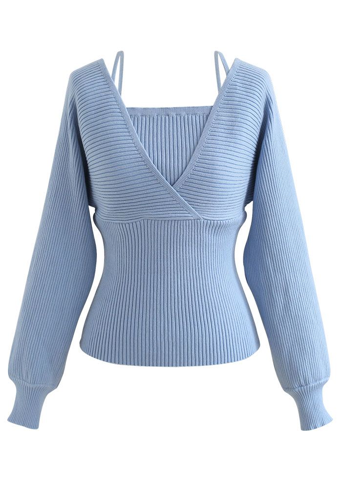 Fake Two-Piece Cold-Shoulder Wrap Knit Top in Dusty Blue - Retro, Indie ...