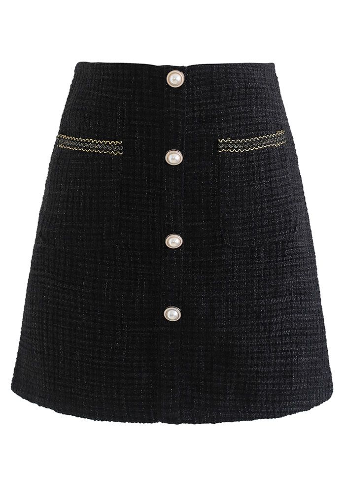 Button and Pocket Decorated Tweed Mini Skirt in Black - Retro, Indie ...