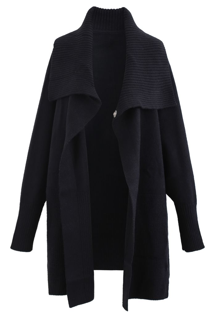 Wide Lapel Batwing Sleeves Longline Knit Cardigan in Black - Retro ...