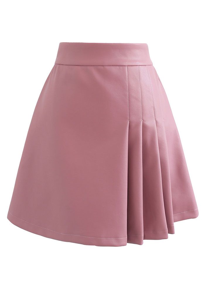 Faux Leather Pleated Detail Mini Skirt in Pink - Retro, Indie and ...