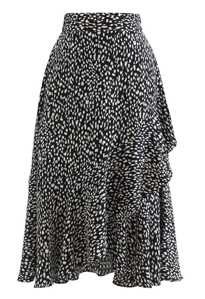 Spot Print Ruffle Asymmetric Midi Skirt in Black