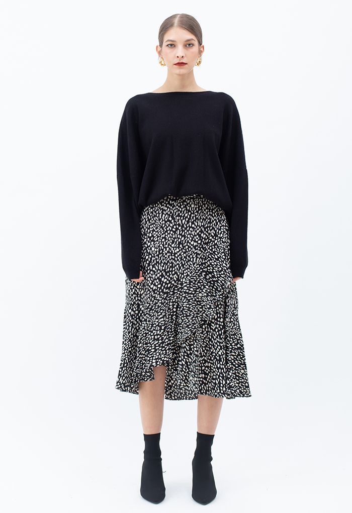 Spot Print Ruffle Asymmetric Midi Skirt in Black - Retro, Indie and ...