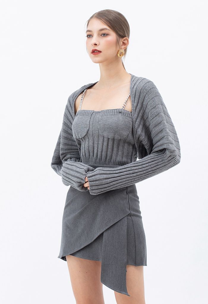 Rib Knit Crop Cami Top and Sweater Sleeve Set in Grey - Retro
