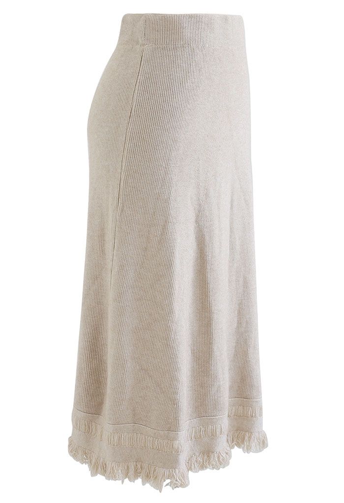 Fringed Hem A-Line Midi Knit Skirt in Linen - Retro, Indie and Unique ...