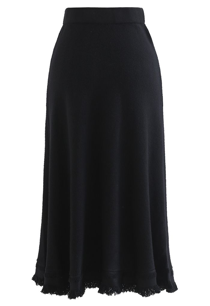 Fringed Hem A-Line Midi Knit Skirt in Black - Retro, Indie and Unique ...