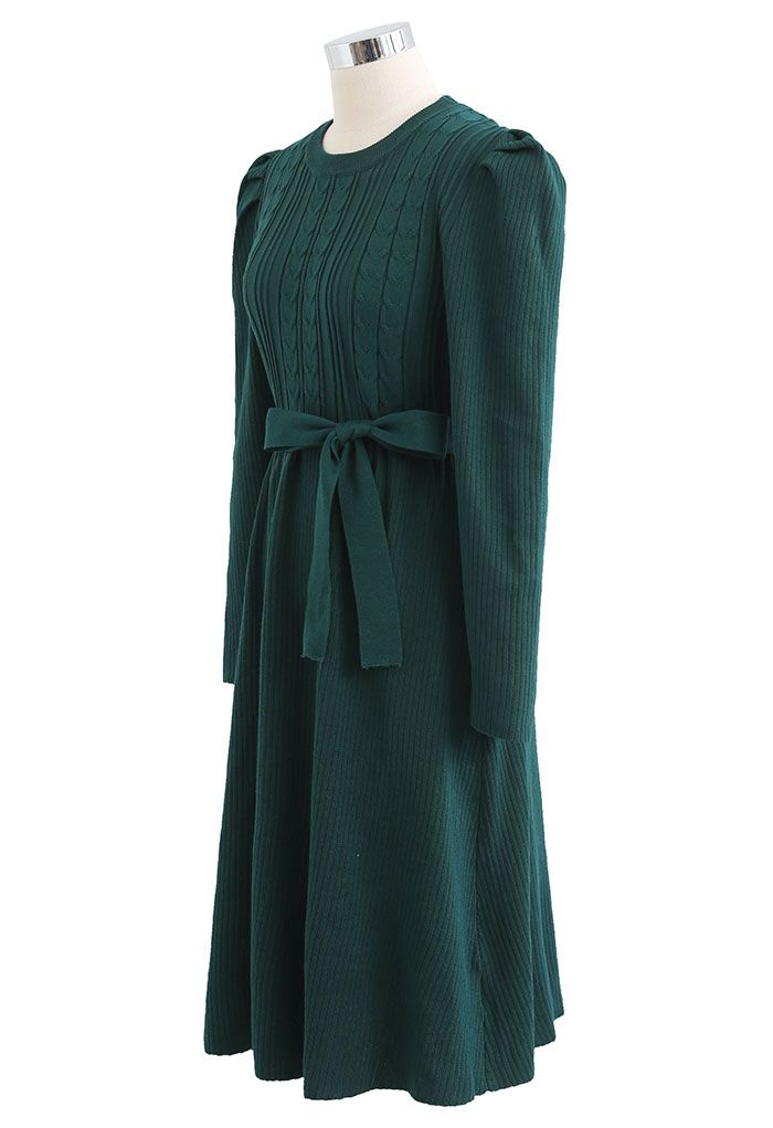 Braid Knit Gigot Sleeve Midi Dress in Dark Green - Retro, Indie and ...