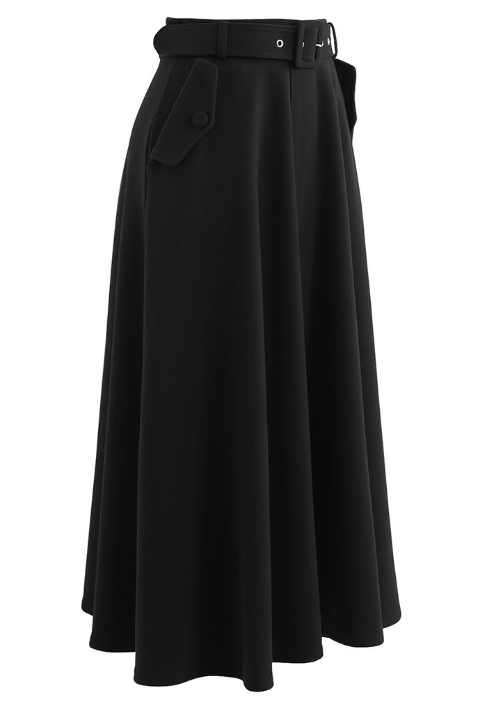 Wool-Blend A-Line Belted Skirt in Black - Retro, Indie and Unique Fashion