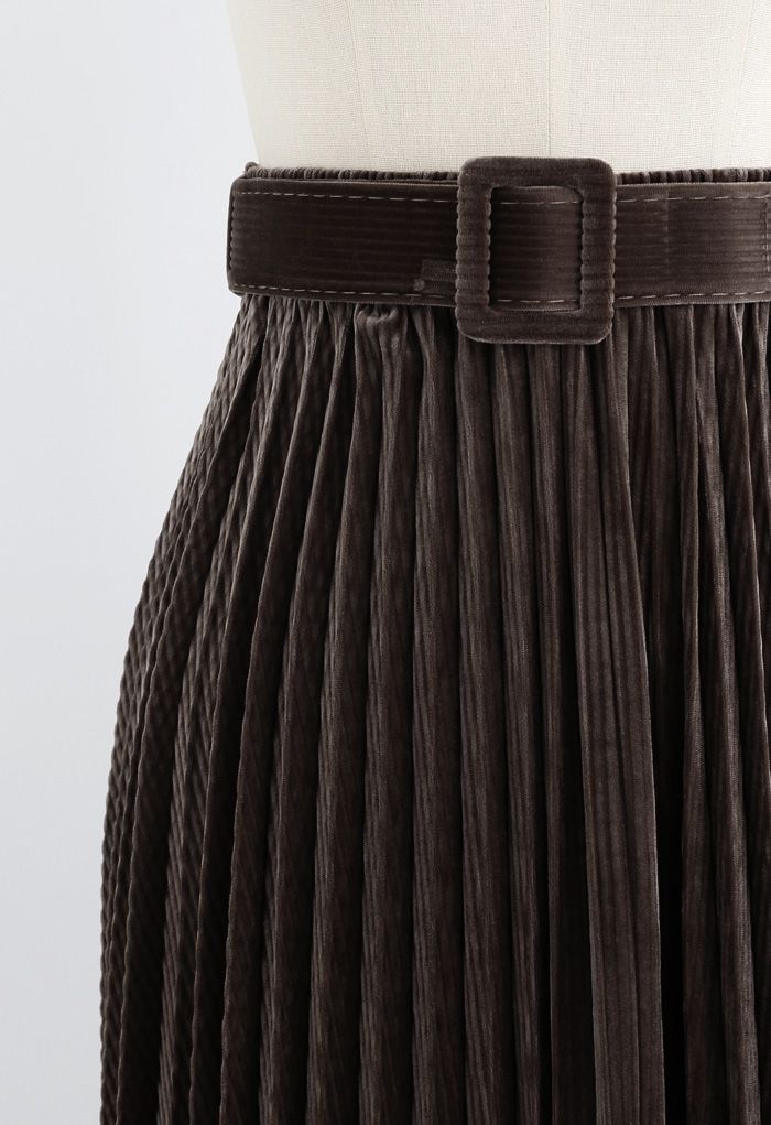 Belted Velvet Full Pleated Midi Skirt in Brown - Retro, Indie and ...