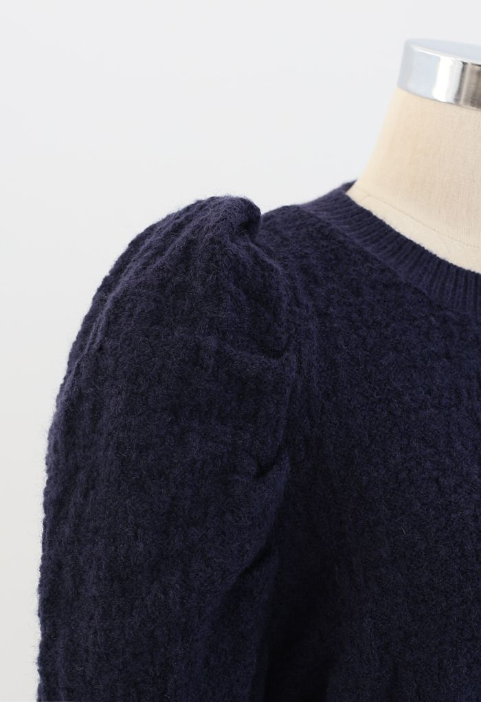 Puff-Shoulder Texture Knit Sweater in Navy - Retro, Indie and Unique ...