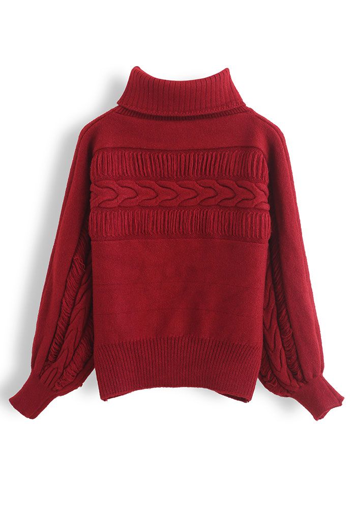 Fringed Detailing Turtleneck Knit Sweater in Red - Retro, Indie and ...