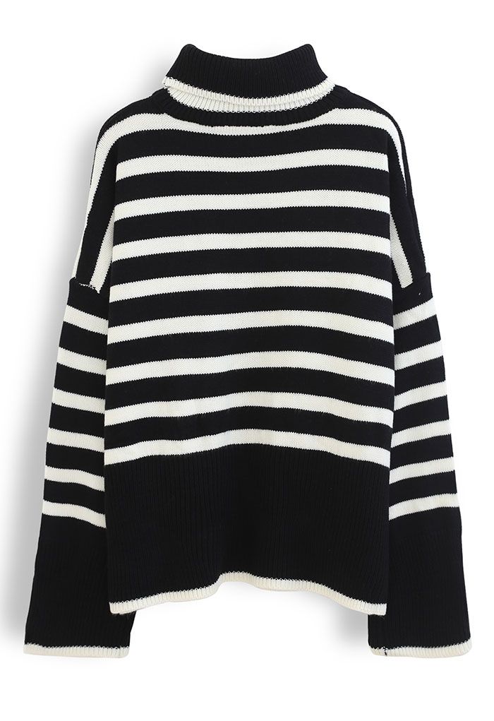 Striped Oversize Flare Sleeve Turtleneck Knit Sweater in Black - Retro ...