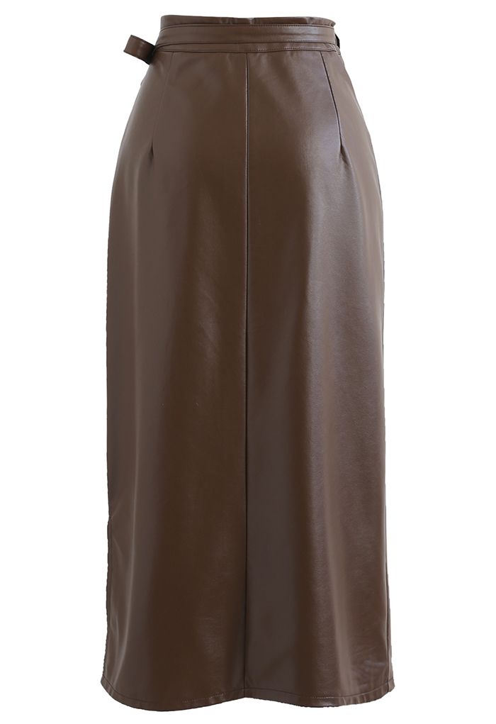 Tie-Waist Flap Front Faux Leather Midi Skirt in Brown - Retro, Indie ...