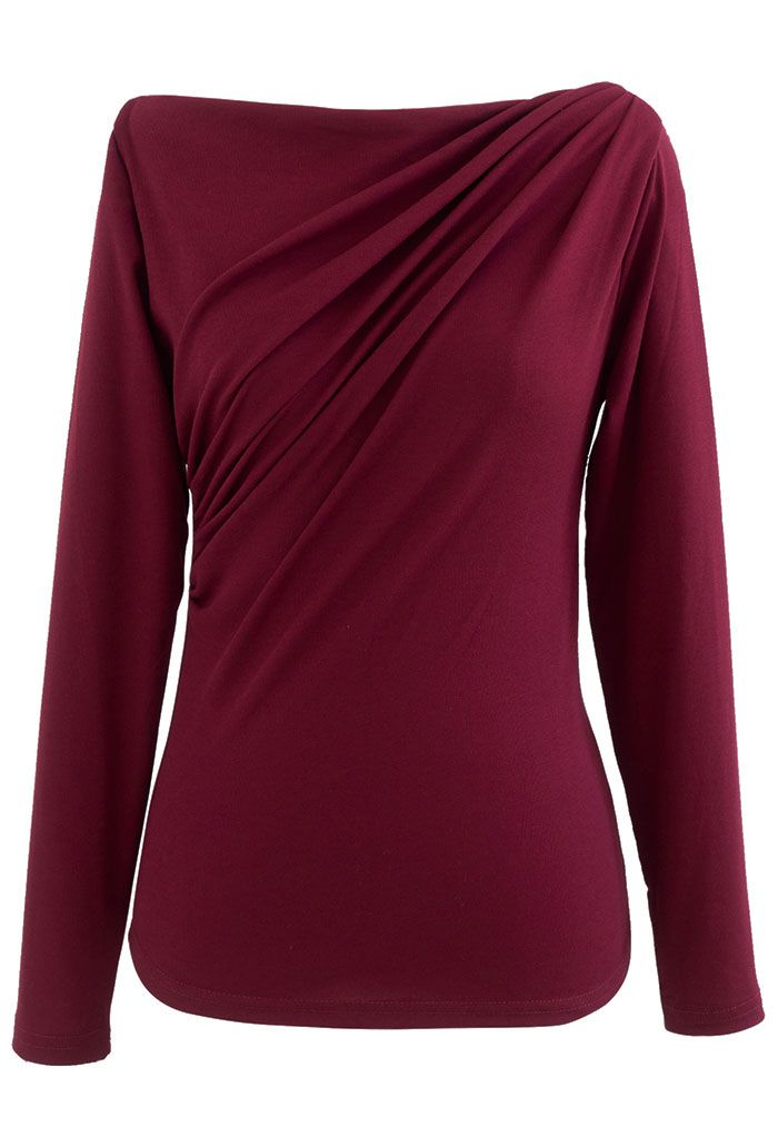 Ruched Front Long Sleeve Top in Burgundy - Retro, Indie and Unique Fashion