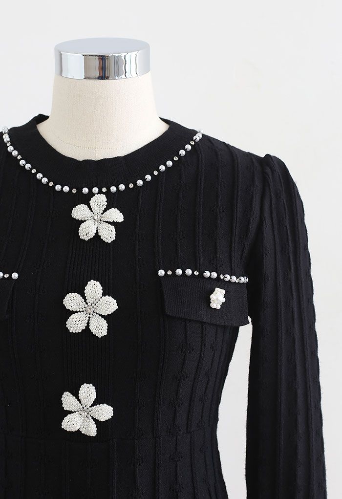 Pearly Flowers Embellished Black Knit Dress - Retro, Indie and Unique ...