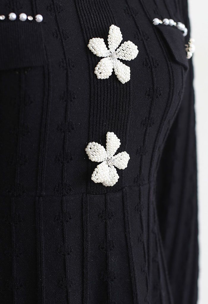 Pearly Flowers Embellished Black Knit Dress - Retro, Indie and Unique ...