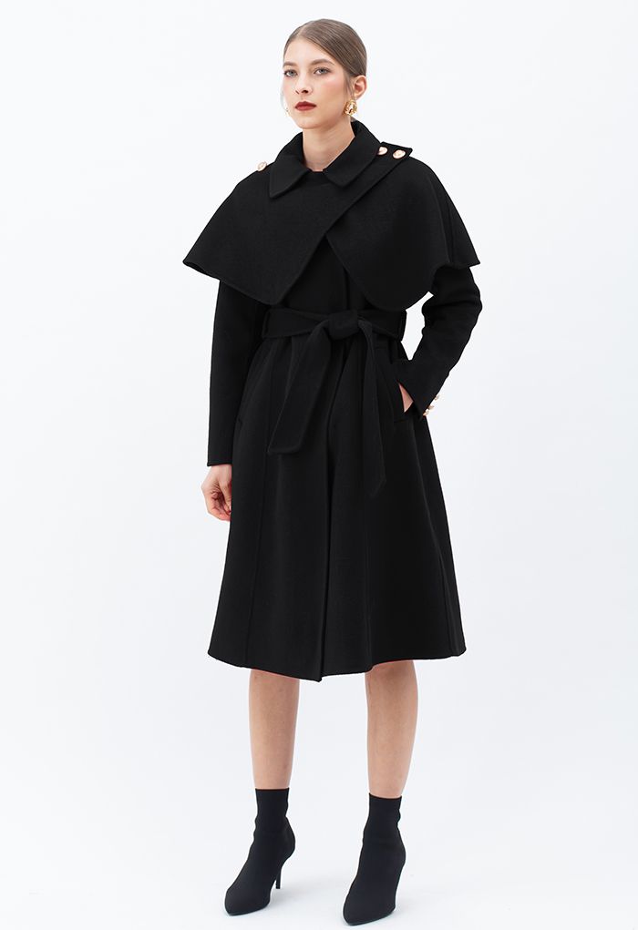 Wool-Blend Longline Coat with Cape Shoulder in Black - Retro, Indie and ...