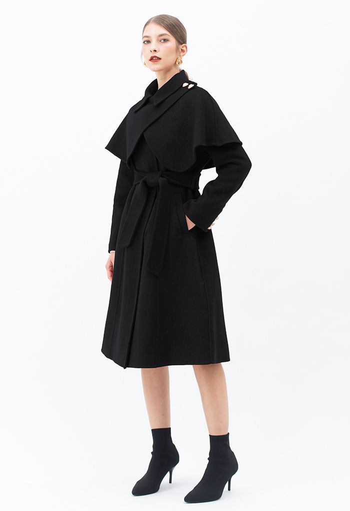 Wool-Blend Longline Coat with Cape Shoulder in Black - Retro, Indie and ...