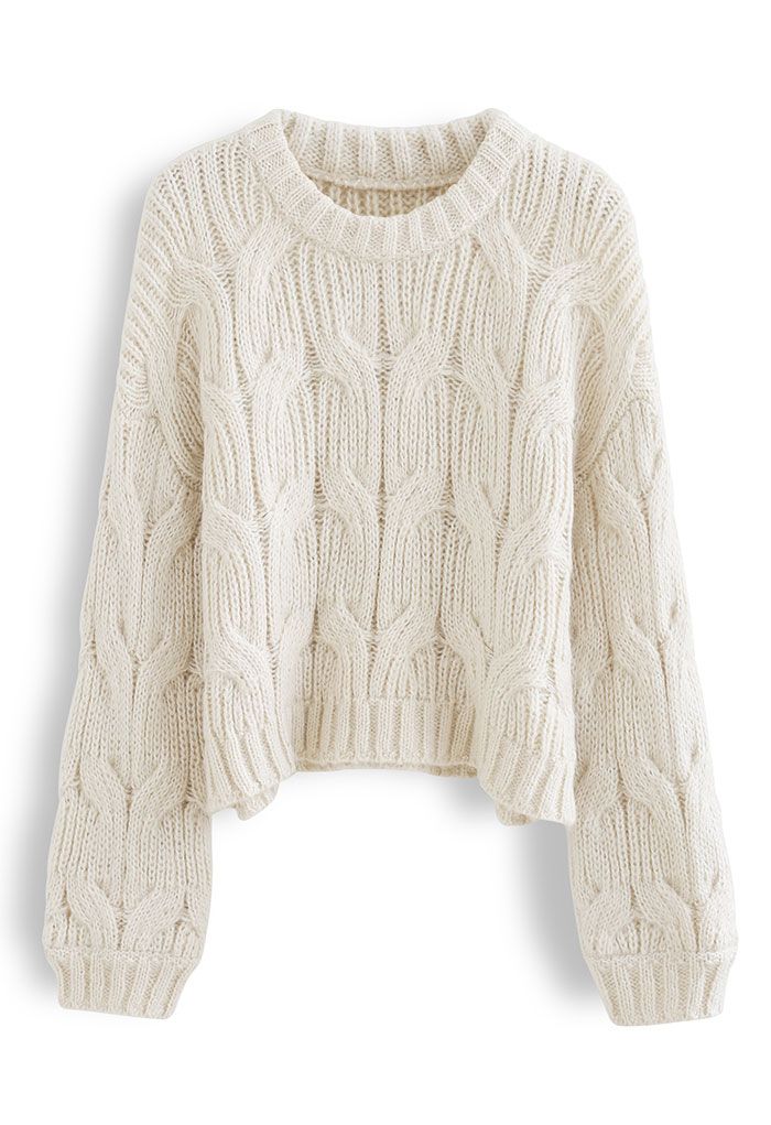 Cropped Round Neck Braid Knit Sweater in Sand - Retro, Indie and Unique ...
