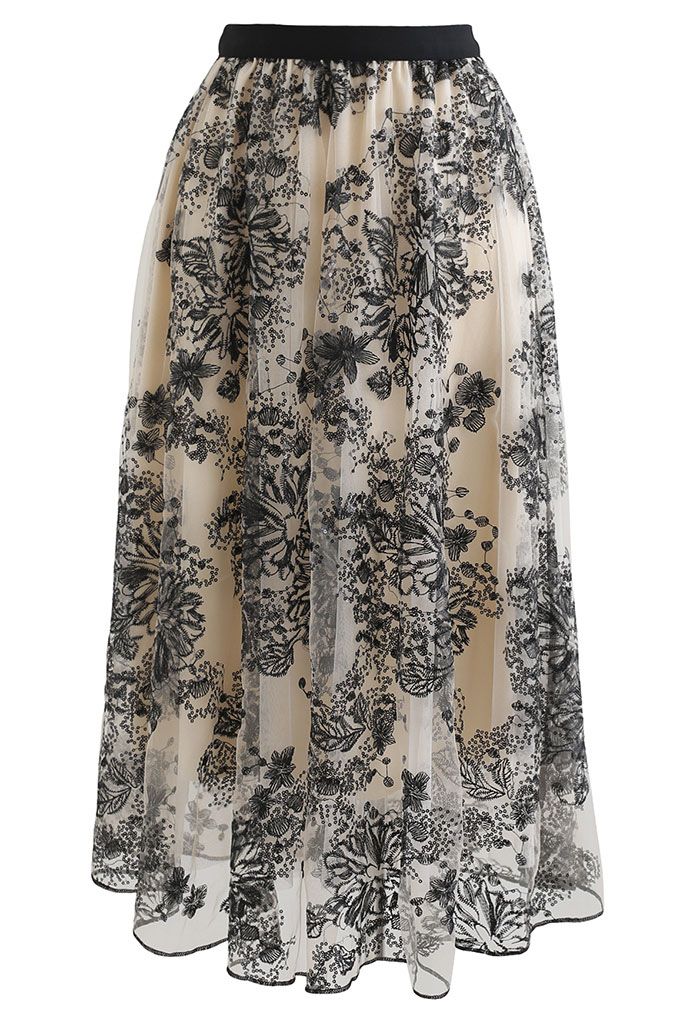 Sequined Flower Embroidered Mesh Midi Skirt - Retro, Indie and Unique ...