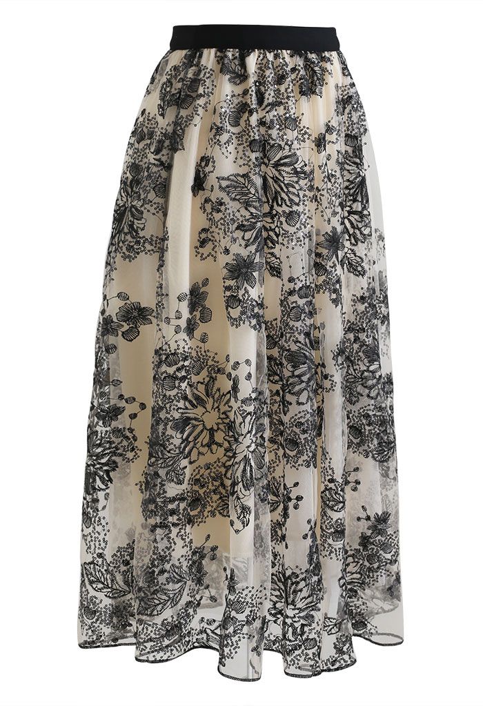 Sequined Flower Embroidered Mesh Midi Skirt - Retro, Indie and Unique ...