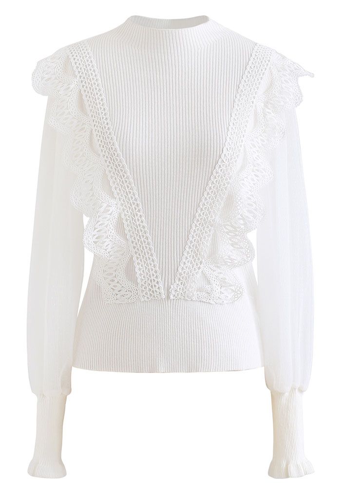 Scalloped Crochet Mesh Sleeves Knit Top in White - Retro, Indie and ...