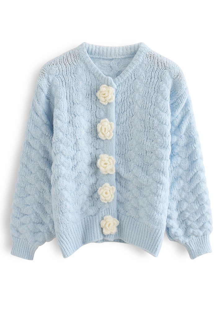 Flowers Button Down Embossed Bubble Sleeves Cardigan in Blue - Retro ...