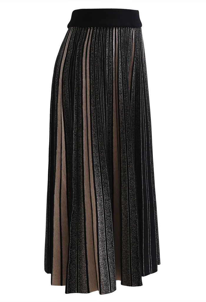 Contrast Vertical Line Pleated Knit Skirt - Retro, Indie and Unique Fashion