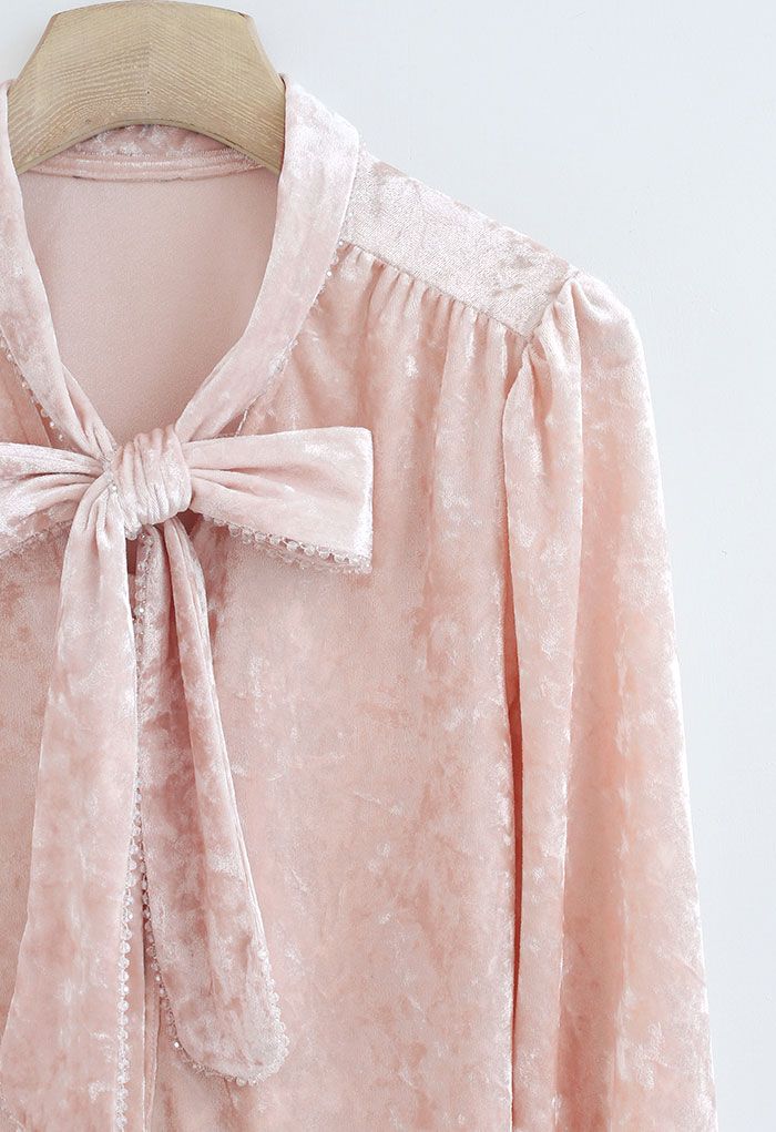 Bead Trim Bowknot Velvet Top in Pink