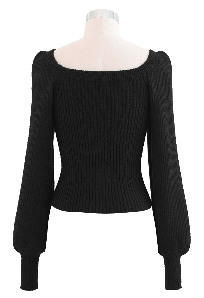 Pearly Flower Square Neck Crop Knit Top in Black - Retro, Indie and ...
