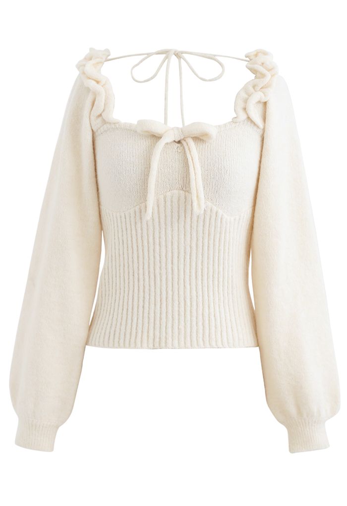 Ruffle Square Neck Knit Sweater in Cream - Retro, Indie and Unique Fashion