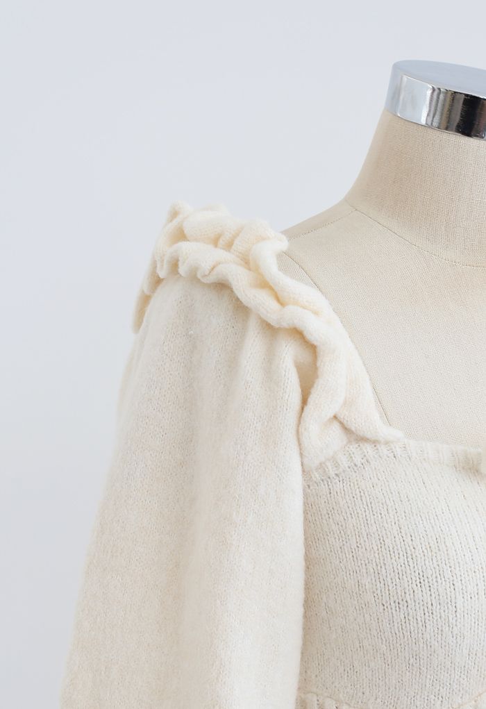 Ruffle Square Neck Knit Sweater in Cream