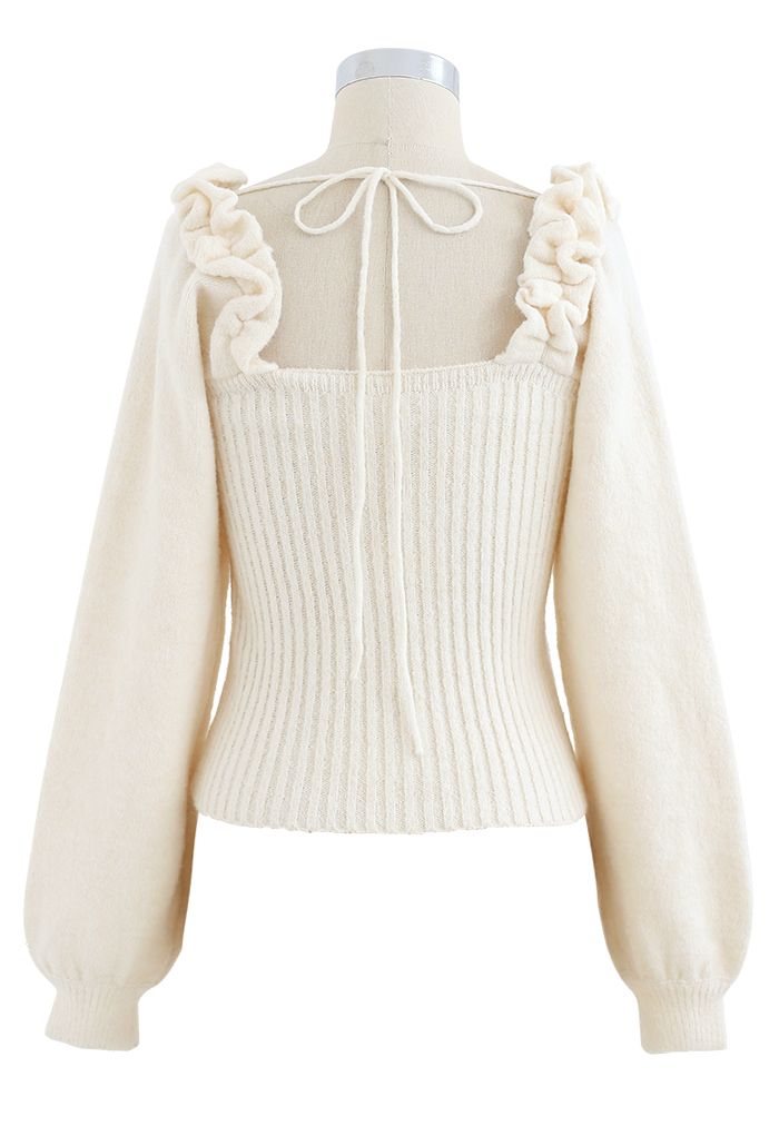 Ruffle Square Neck Knit Sweater in Cream - Retro, Indie and Unique Fashion
