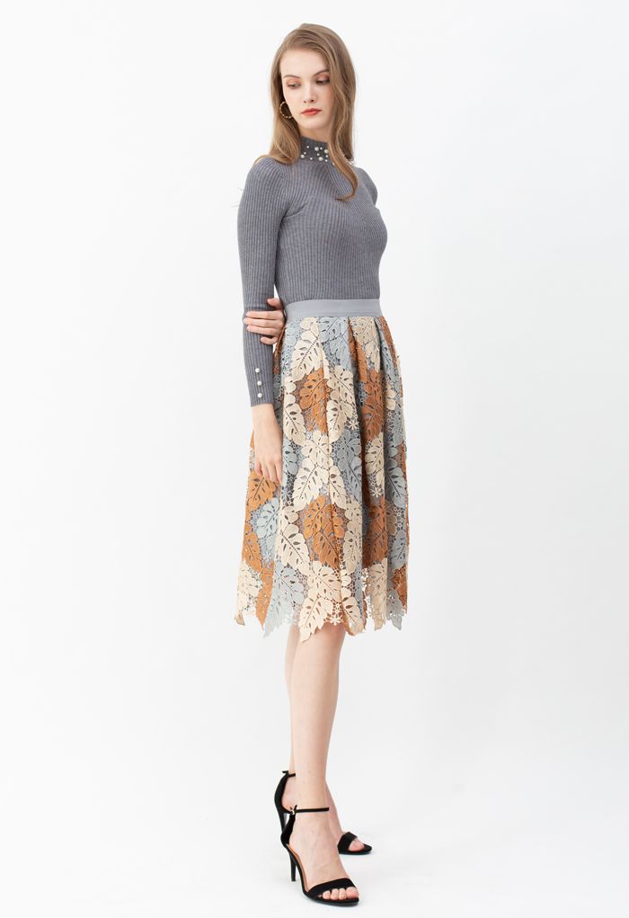 Multi-Color Leaves Crochet Pleated Midi Skirt - Retro, Indie and Unique ...