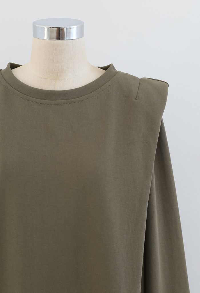 Padded Shoulder Long Sleeves Sweatshirt in Olive - Retro, Indie and ...